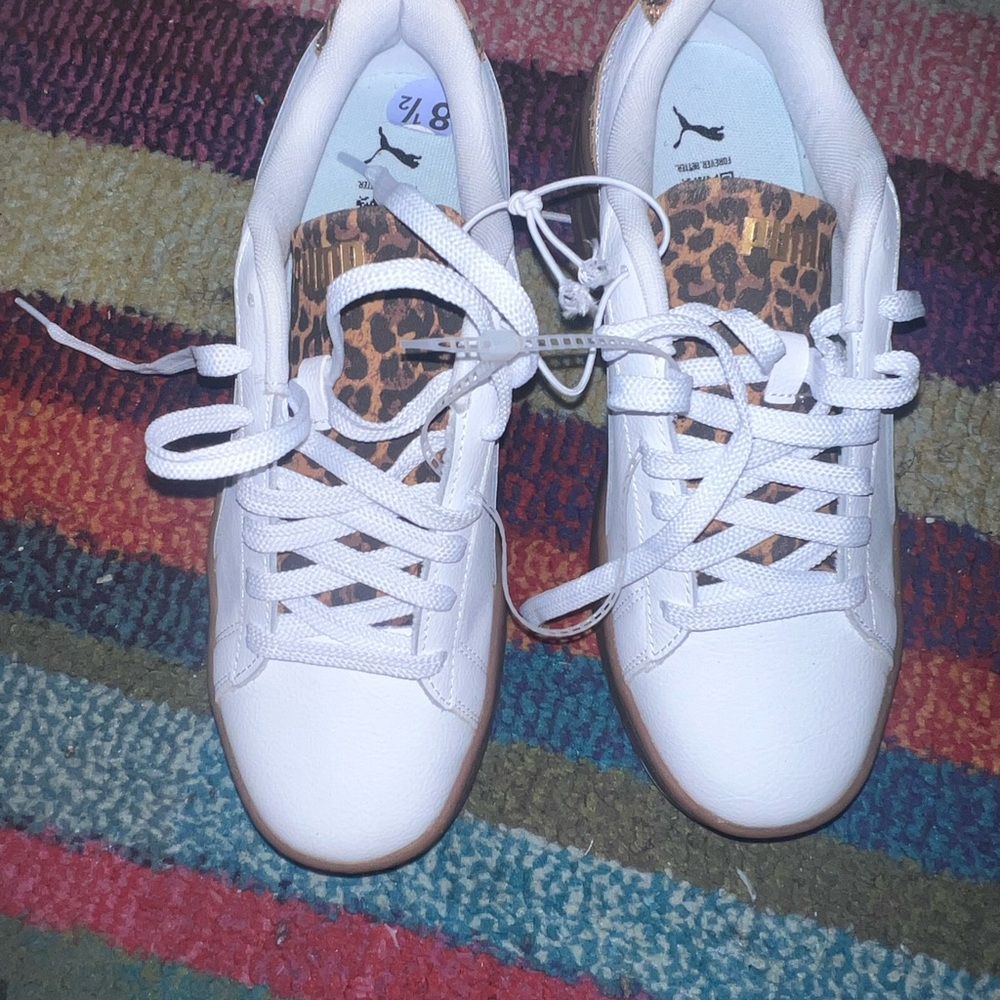 Puma White Sneakers with Brown Platform and Leopard Trim - Picture 3 of 4